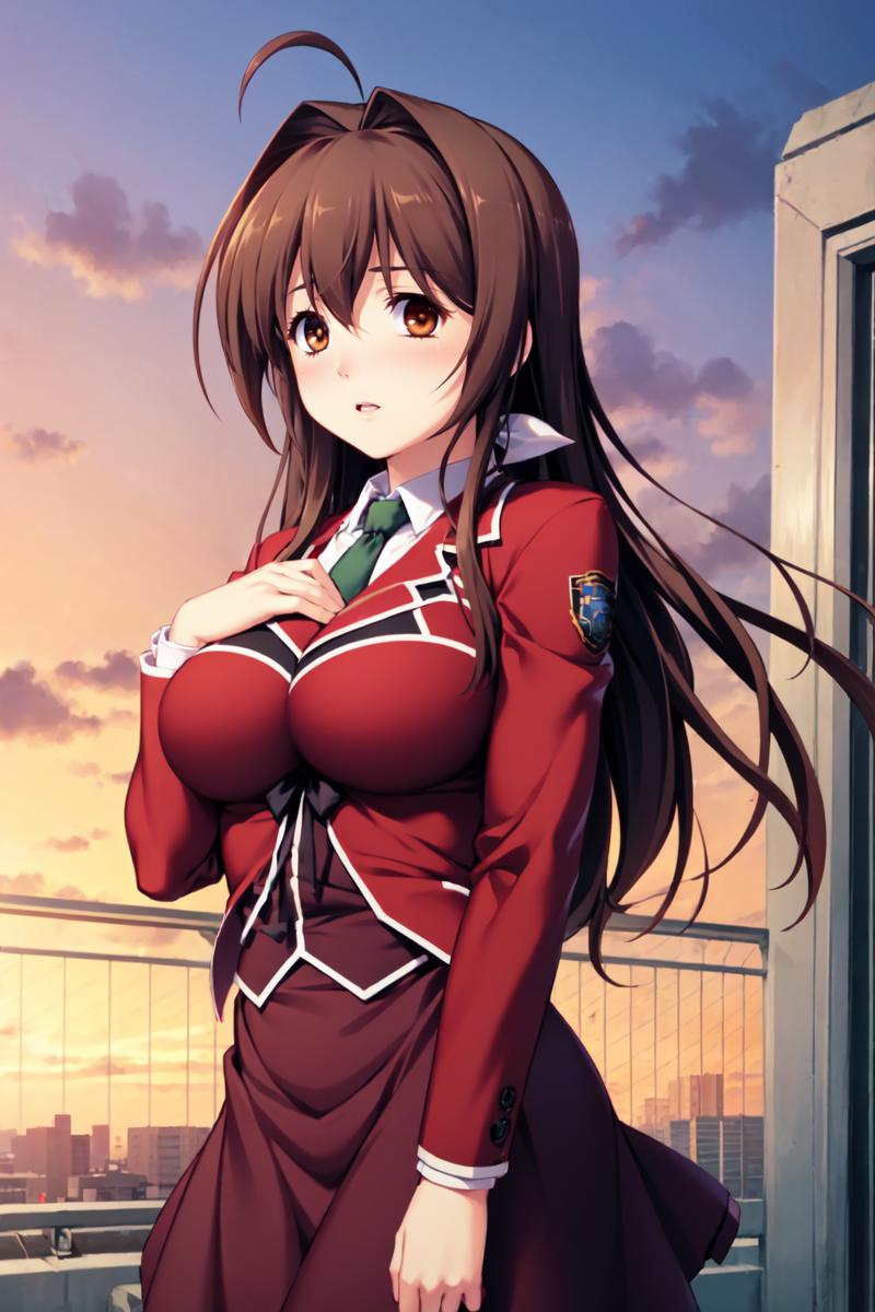 60082-3585923368-angeltearsc, 1girl, brown hair, brown eyes, ribbon, school uniform, blazer, emblem, necktie, skirt, sunset, solo, hand on own ch.png